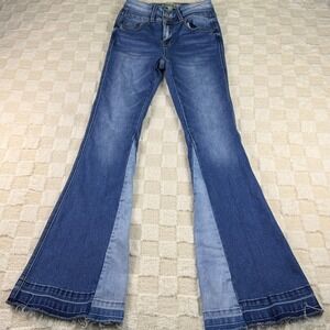 ROCKIN C Womens Blue Denim Flare Jeans Contrast Panel‎ Frayed Hem Bootcut
